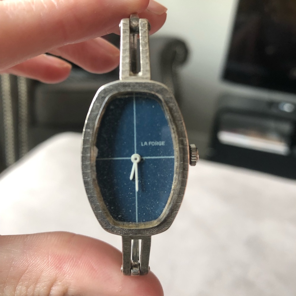 Vintage La Forge watch with navy backdrop